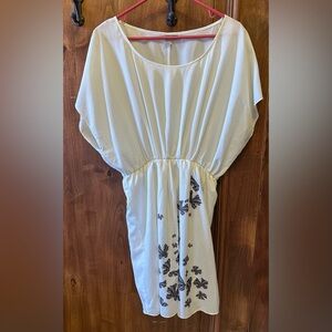 Women's Cream Floral-Print Cinched-Waist Tunic Dress
